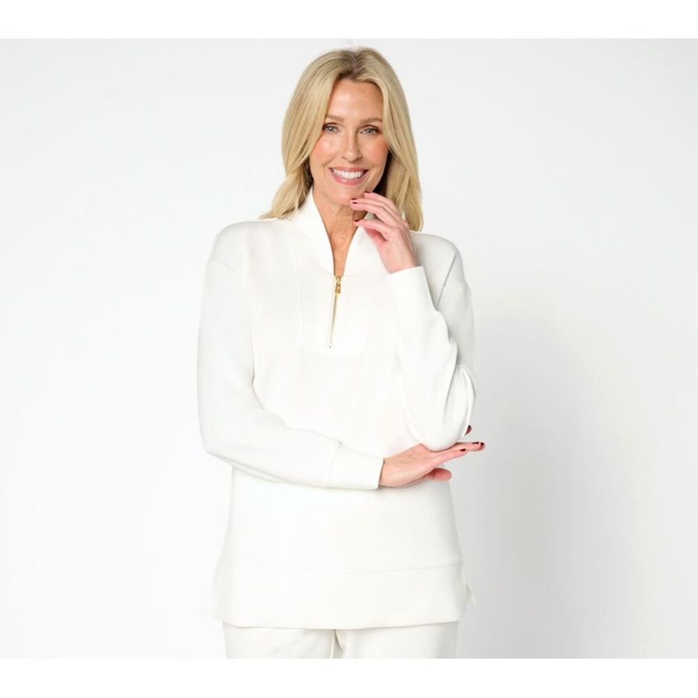 Truth + Style Women's Top Petite 2XP ScubaLuxe Half Zip Tunic White
